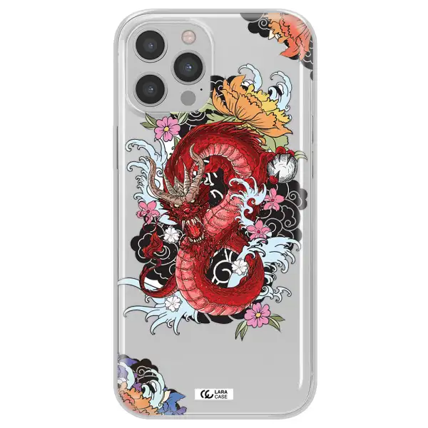 a red dragon with flowers and clouds Apple iPhone 12 pro Clear TPU Case