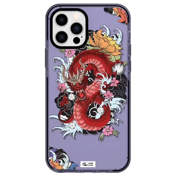 a red dragon with flowers and clouds Apple iPhone 12 pro impact Lilac Case