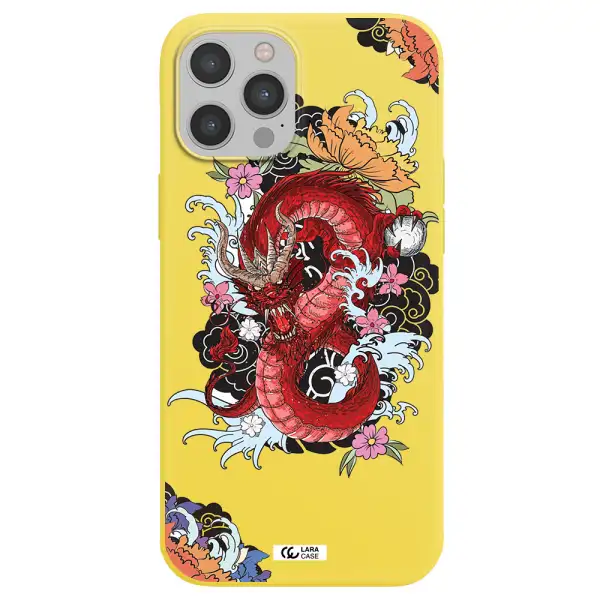 a red dragon with flowers and clouds Apple iPhone 12 pro max Silicone canary yellow Case