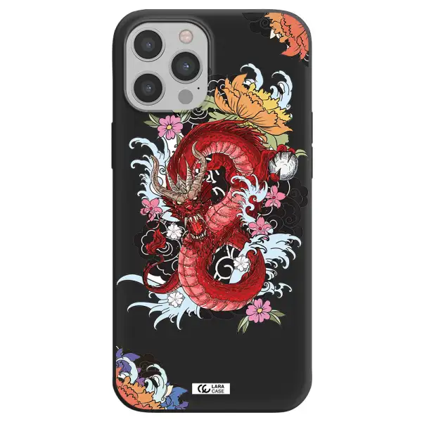 a red dragon with flowers and clouds Apple iPhone 12 pro Silicone black Case