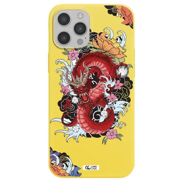 a red dragon with flowers and clouds Apple iPhone 12 pro Silicone canary yellow Case