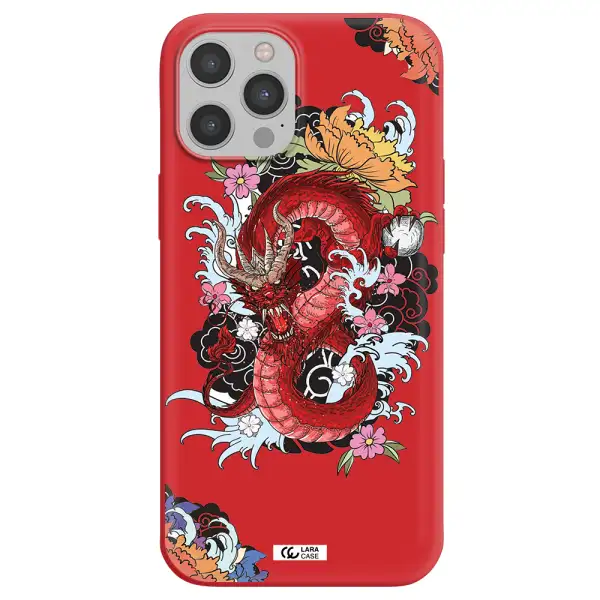 a red dragon with flowers and clouds Apple iPhone 12 pro Silicone Imperial Red Case