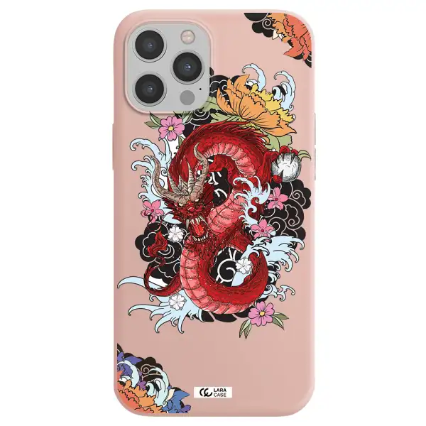 a red dragon with flowers and clouds Apple iPhone 12 pro Silicone pastel pink Case