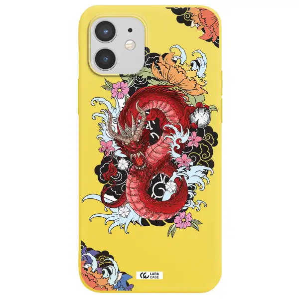 a red dragon with flowers and clouds Apple iPhone 12 Silicone canary yellow Case