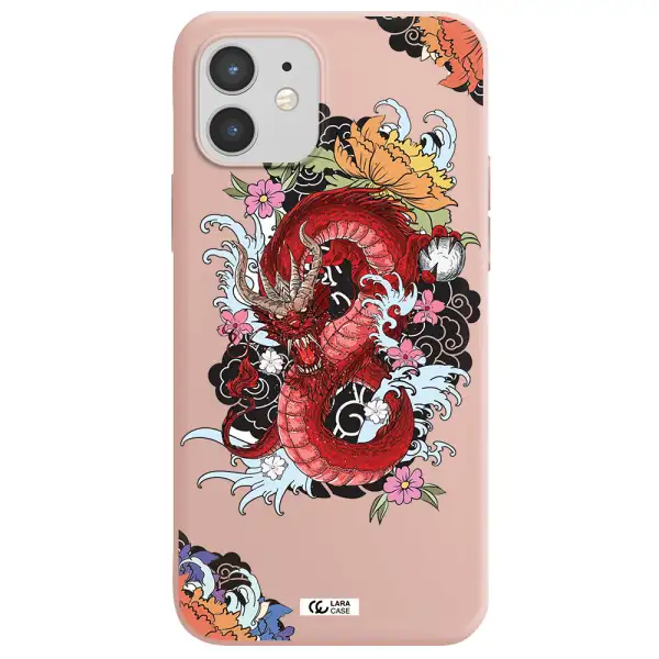 a red dragon with flowers and clouds Apple iPhone 12 Silicone pastel pink Case