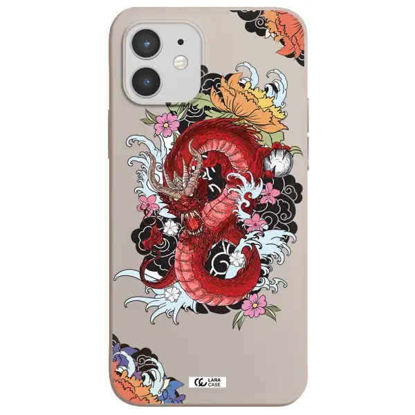 a red dragon with flowers and clouds Apple iPhone 12 Silicone Stone Case