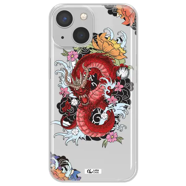 a red dragon with flowers and clouds Apple iPhone 13 Clear TPU Case