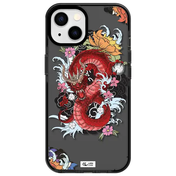 a red dragon with flowers and clouds Apple iPhone 13 impact Smoke Black Case