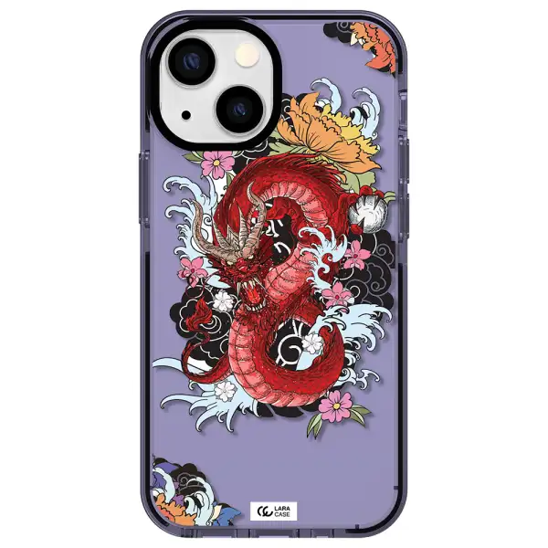 a red dragon with flowers and clouds Apple iPhone 13 mini impact Lilac Case