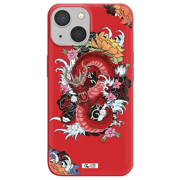 a red dragon with flowers and clouds Apple iPhone 13 mini Silicone Imperial Red Case