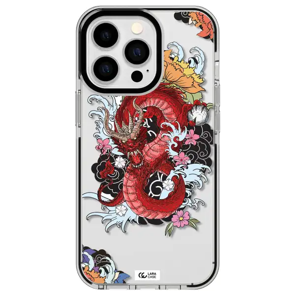 a red dragon with flowers and clouds Apple iPhone 13 Pro impact black border Case