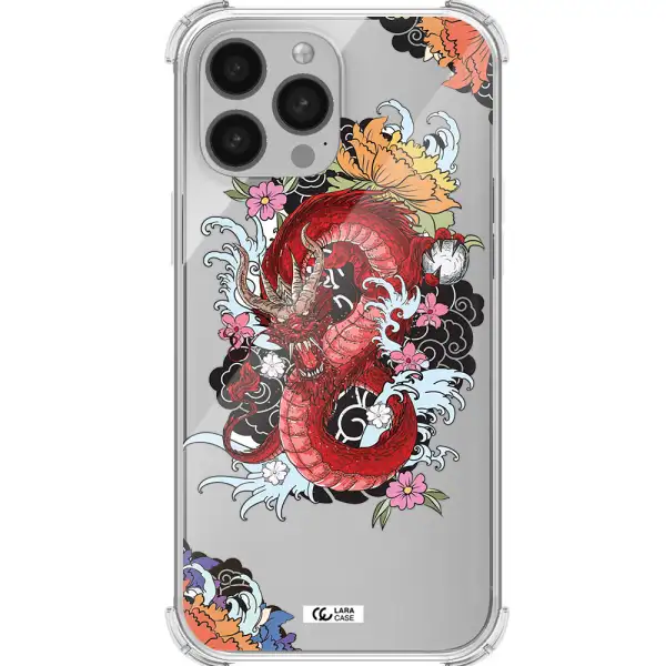 a red dragon with flowers and clouds Apple iPhone 13 Pro Max Clear PC Case