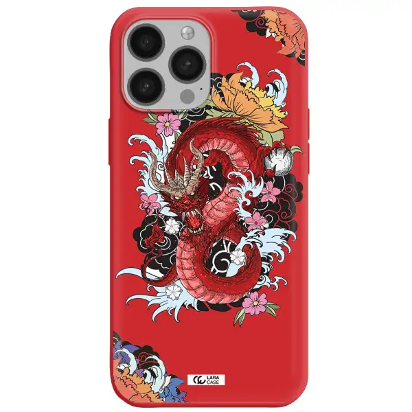 a red dragon with flowers and clouds Apple iPhone 13 Pro Max Silicone Imperial Red Case