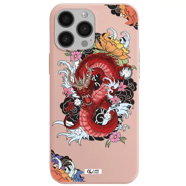 a red dragon with flowers and clouds Apple iPhone 13 Pro Max Silicone pastel pink Case