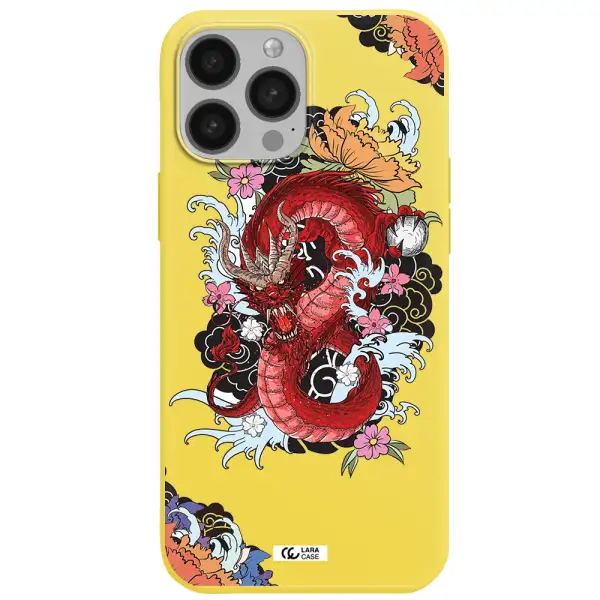 a red dragon with flowers and clouds Apple iPhone 13 Pro Silicone canary yellow Case