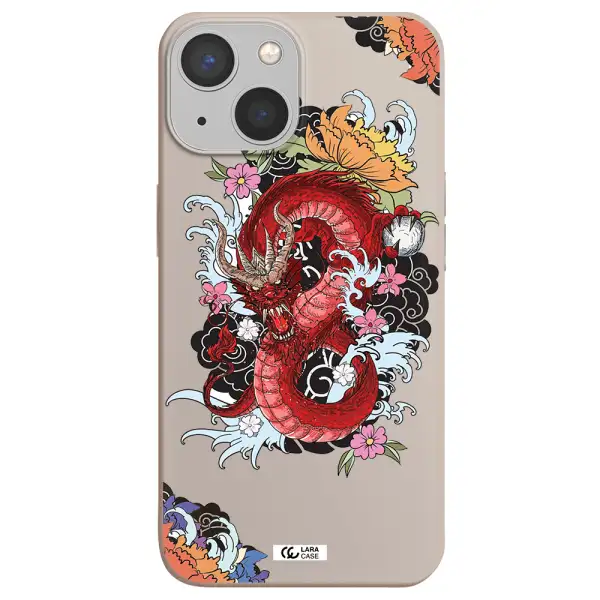 a red dragon with flowers and clouds Apple iPhone 13 Silicone Stone Case
