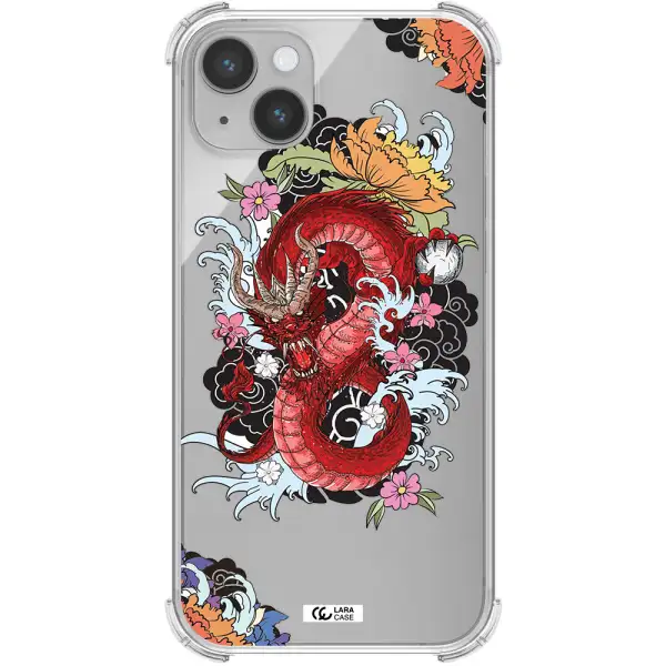 a red dragon with flowers and clouds Apple iPhone 14 Clear PC Case