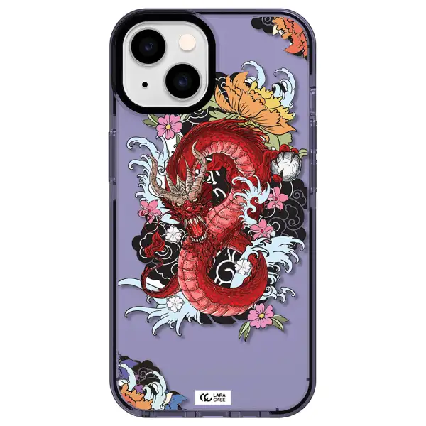 a red dragon with flowers and clouds Apple iPhone 14 impact Lilac Case