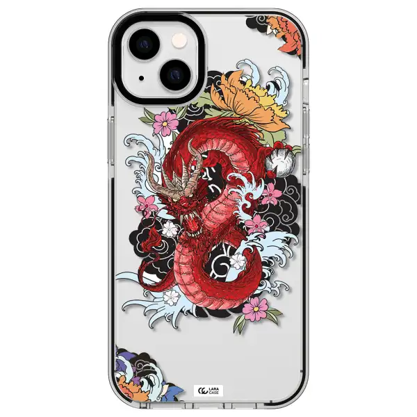 a red dragon with flowers and clouds Apple iPhone 14 plus impact black border Case