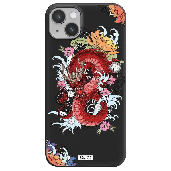 a red dragon with flowers and clouds Apple iPhone 14 plus Silicone black Case