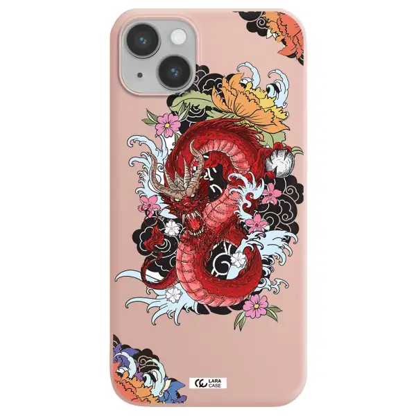 a red dragon with flowers and clouds Apple iPhone 14 plus Silicone pastel pink Case