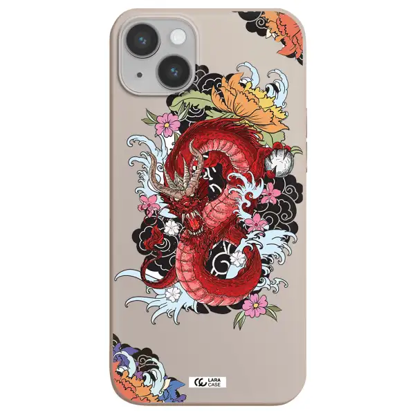 a red dragon with flowers and clouds Apple iPhone 14 plus Silicone Stone Case