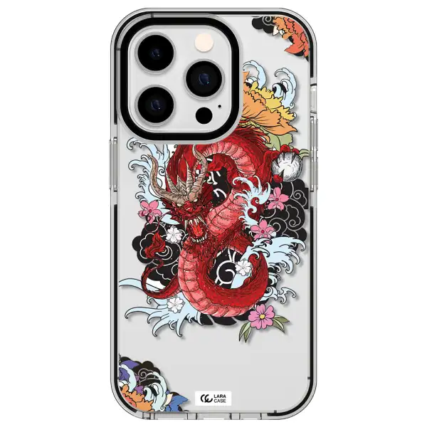 a red dragon with flowers and clouds Apple iPhone 14 pro impact black border Case