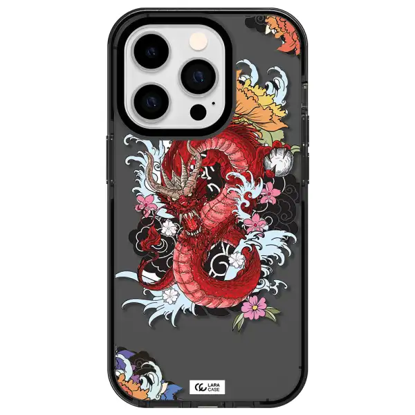 a red dragon with flowers and clouds Apple iPhone 14 pro impact Smoke Black Case