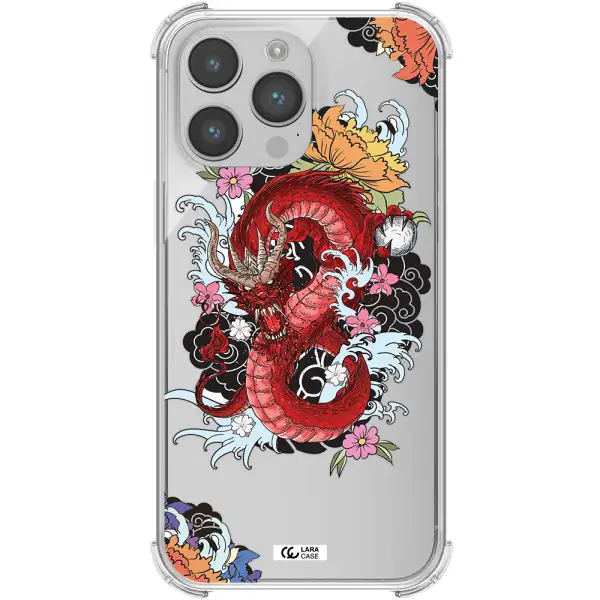 a red dragon with flowers and clouds Apple iPhone 14 pro max Clear PC Case