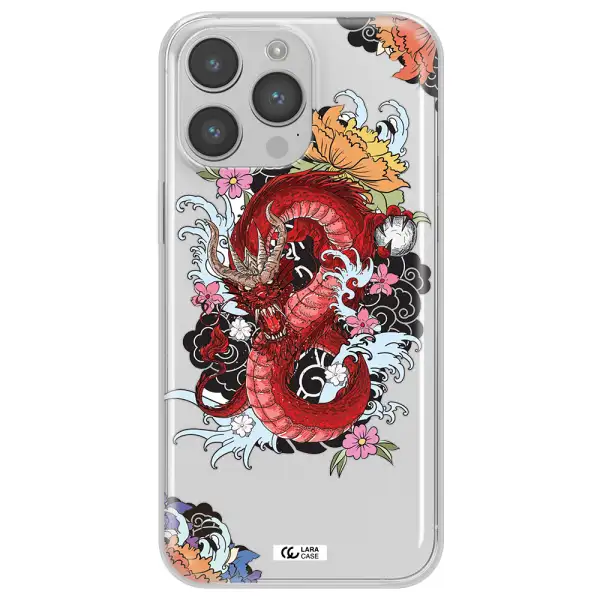 a red dragon with flowers and clouds Apple iPhone 14 pro max Clear TPU Case