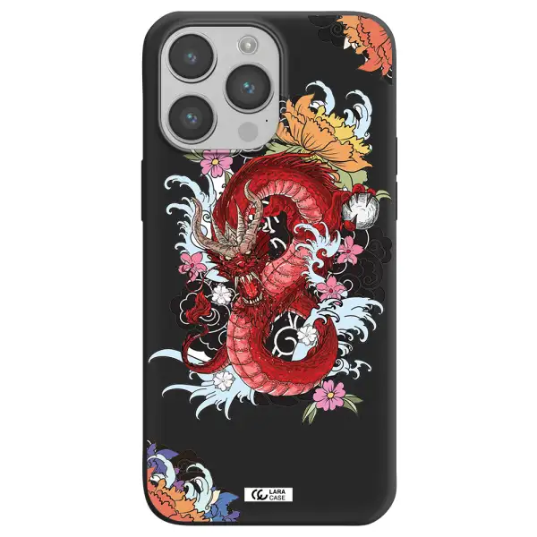 a red dragon with flowers and clouds Apple iPhone 14 pro max Silicone black Case
