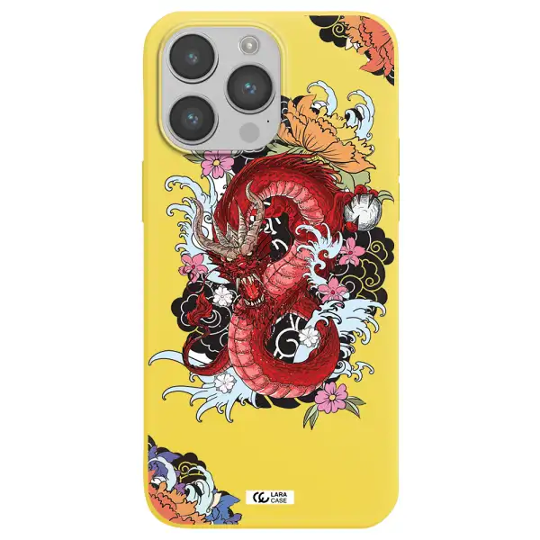 a red dragon with flowers and clouds Apple iPhone 14 pro max Silicone canary yellow Case