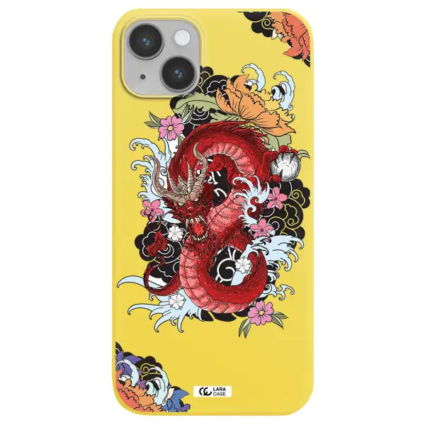 a red dragon with flowers and clouds Apple iPhone 14 Silicone canary yellow Case