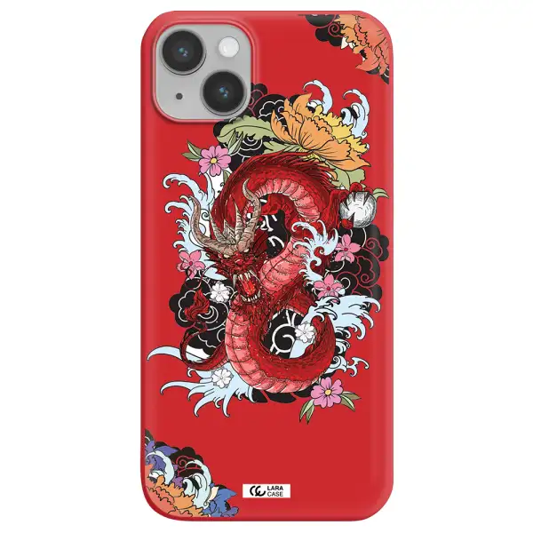 a red dragon with flowers and clouds Apple iPhone 14 Silicone Imperial Red Case