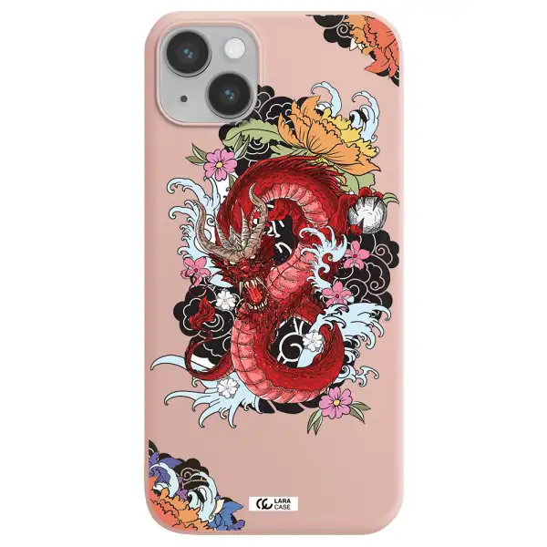 a red dragon with flowers and clouds Apple iPhone 14 Silicone pastel pink Case