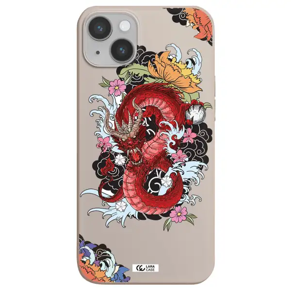 a red dragon with flowers and clouds Apple iPhone 14 Silicone Stone Case