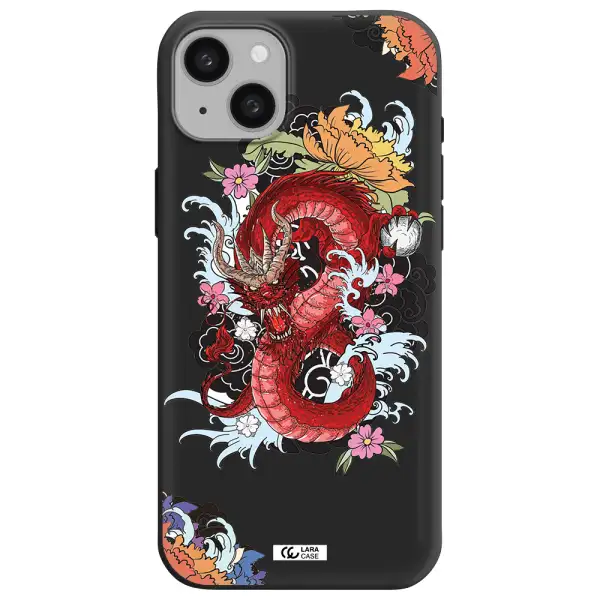 a red dragon with flowers and clouds Apple iphone 15 plus Silicone black Case