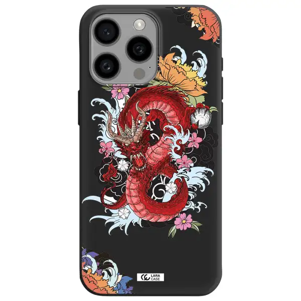 a red dragon with flowers and clouds Apple Iphone 15 Pro max Silicone black Case