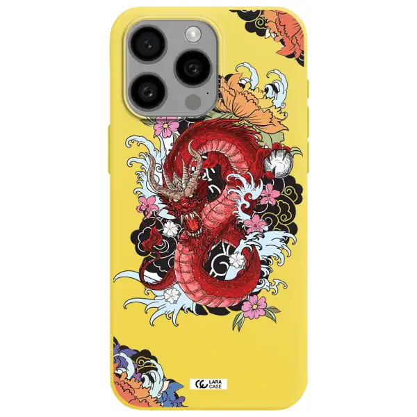 a red dragon with flowers and clouds Apple Iphone 15 Pro max Silicone canary yellow Case
