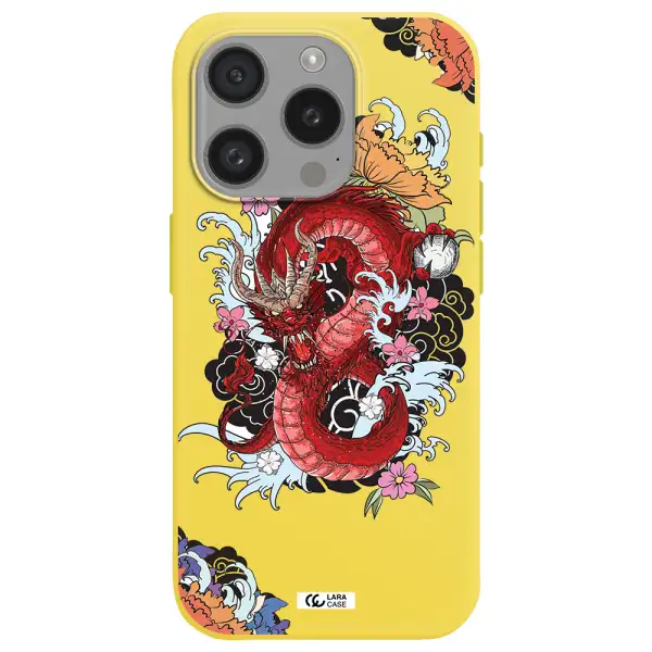 A Red Dragon With Flowers And Clouds Apple Iphone 15 Pro Silicone Canary Yellow Case