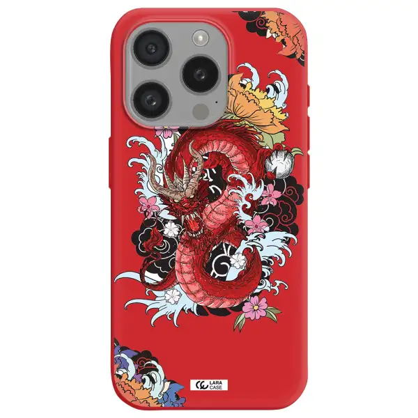 A Red Dragon With Flowers And Clouds Apple Iphone 15 Pro Silicone Imperial Red Case