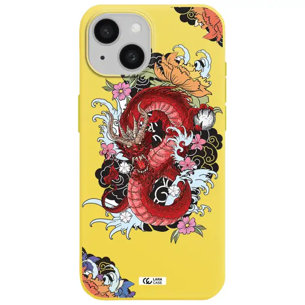 a red dragon with flowers and clouds Apple iPhone 15 Silicone canary yellow Case