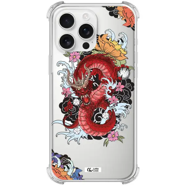A Red Dragon With Flowers And Clouds Apple Iphone 16 Pro Max Clear Pc Case