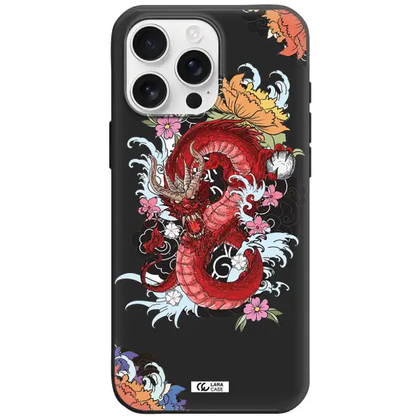 A Red Dragon With Flowers And Clouds Apple Iphone 16 Pro Max Silicone Black Case