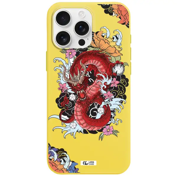 A Red Dragon With Flowers And Clouds Apple Iphone 16 Pro Max Silicone Canary Yellow Case