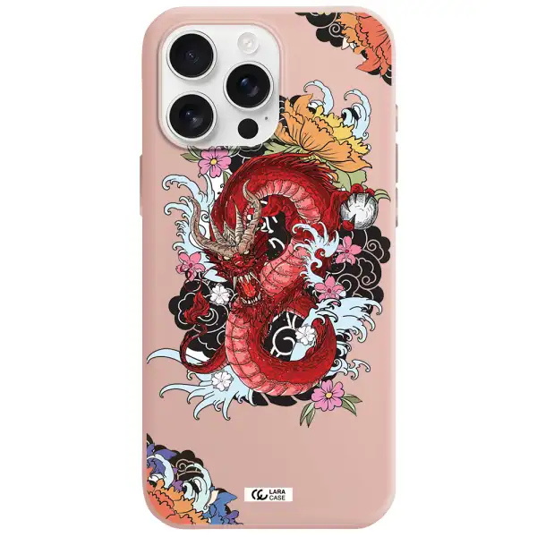 A Red Dragon With Flowers And Clouds Apple Iphone 16 Pro Max Silicone Pastel Pink Case