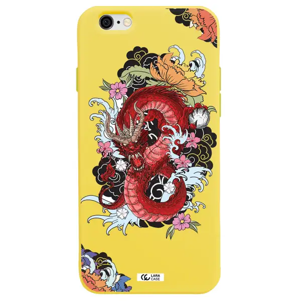 a red dragon with flowers and clouds Apple iPhone 6 Silicone canary yellow Case