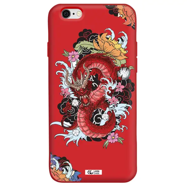 a red dragon with flowers and clouds Apple iPhone 6 Silicone Imperial Red Case
