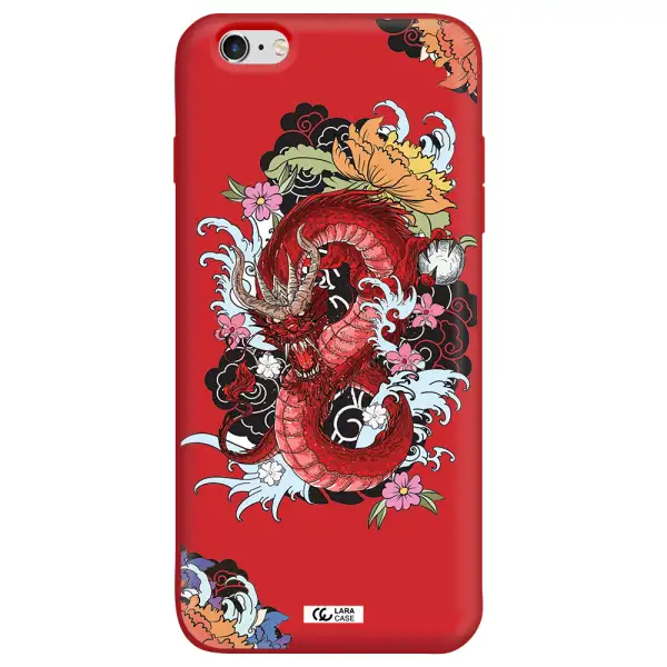 a red dragon with flowers and clouds Apple iPhone 6S Silicone Imperial Red Case