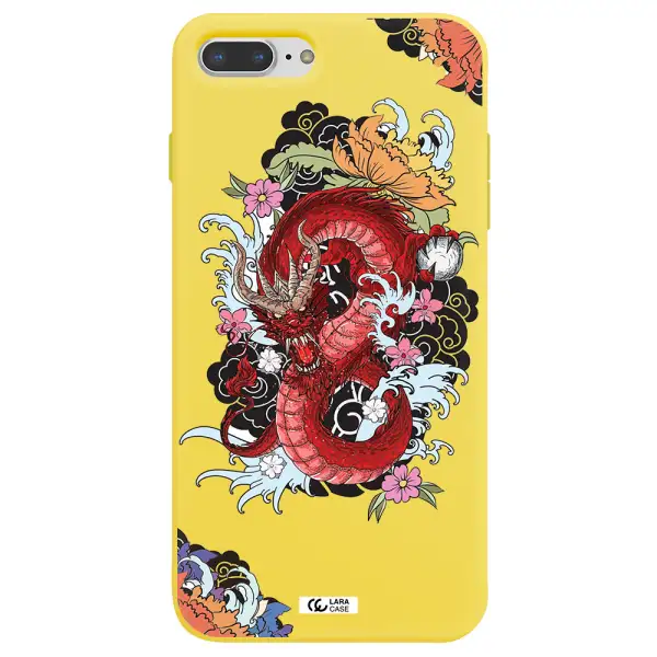 a red dragon with flowers and clouds Apple iPhone 7 plus Silicone canary yellow Case